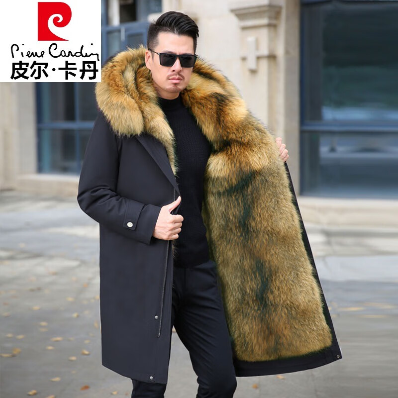 皮尔卡丹（pierre cardin）2023新款海宁派克服男冬季皮草外套狐狸毛男款皮毛一体中长款大衣 黑壳+【棕色内胆】+长款 3XL 140-155斤