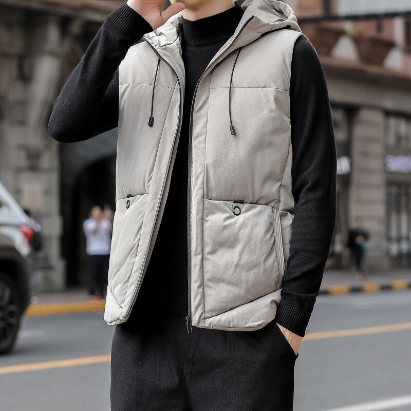 男士马甲冬季棉衣青年大码外穿背心韩版修身连帽休闲外套 灰色 M
