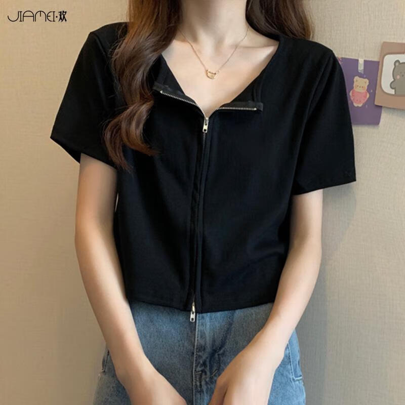 BOKU ROOSTER夏季胖妹妹顯瘦減齡遮肚襯衫上衣大碼設(shè)計(jì)感別致女學(xué)生打底衫短袖 黑色優(yōu)質(zhì)款 S 60-80斤