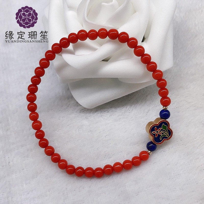 缘定珊笙珊瑚手串红色圆珠双头莲花手链本命年手串单圈手链送老婆生日