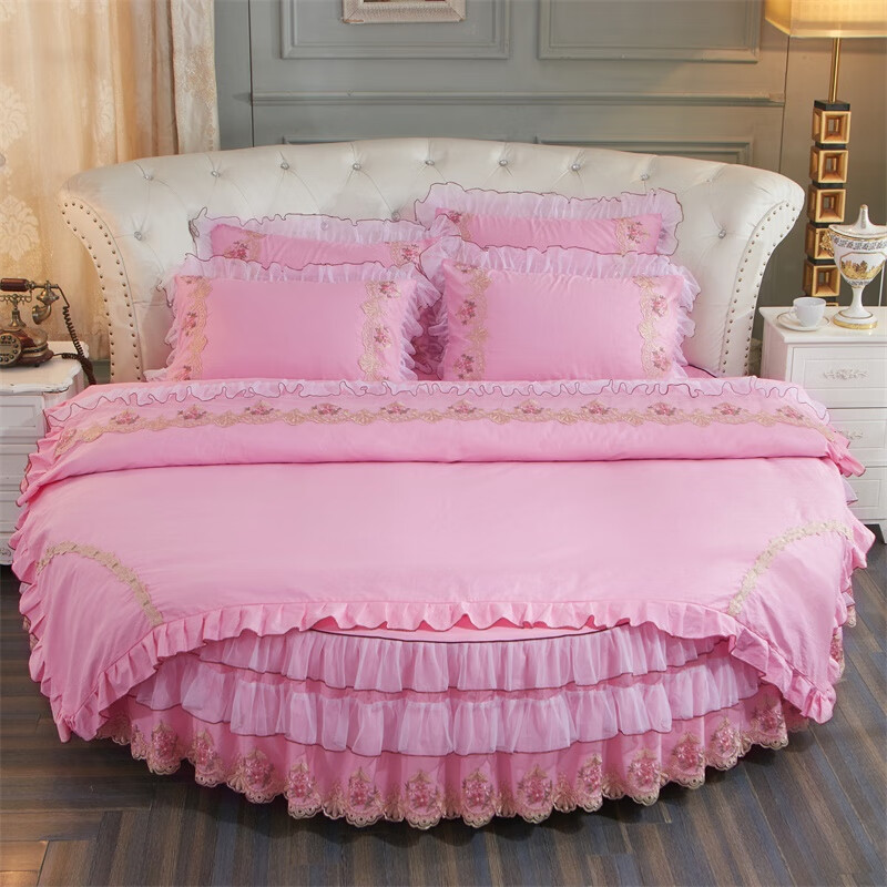金号（KING SHORE）纯棉圆床四件套粉色结婚公主风大圆形床单全棉床笠床裙床罩可定做 粉色 床笠款 x 2m床(含被套200x230cm)