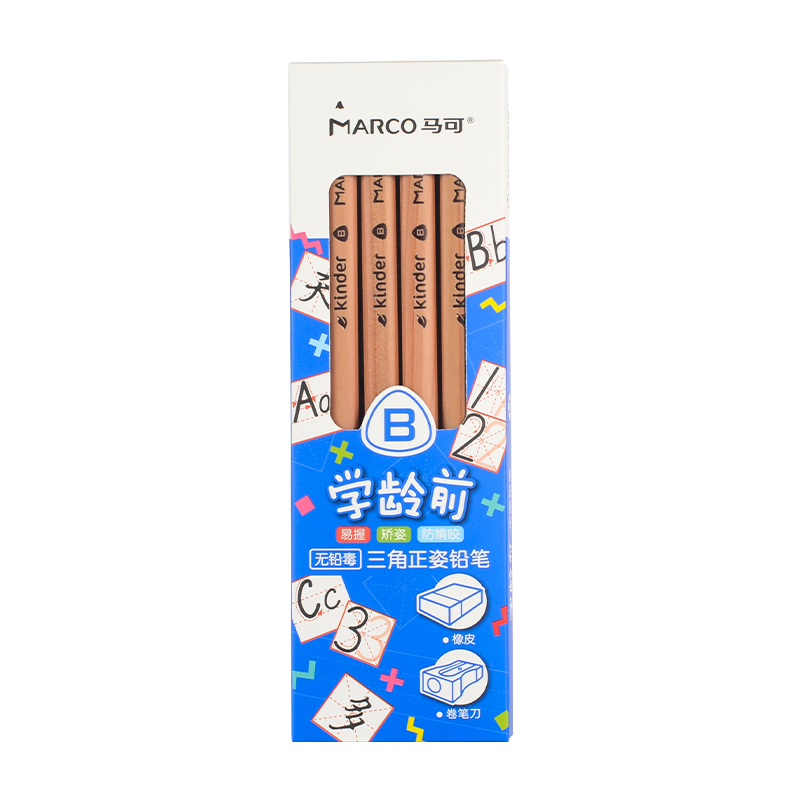 馬可（MARCO）正姿雪松木鉛筆B學(xué)齡前加粗三角幼兒易抓握書(shū)寫(xiě)鉛筆4支裝配削筆器兒童系列 速寫(xiě) 馬克筆繪畫(huà)