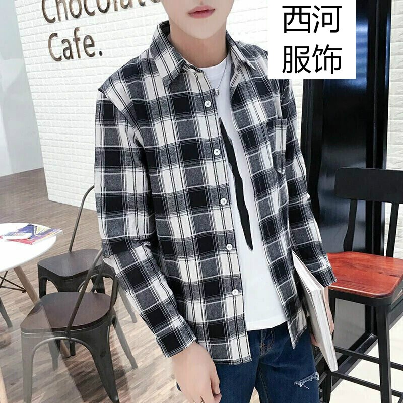 爵少ins格子衬衫男生休闲长袖衬衣韩版潮流秋季百搭初中生衬衣外套男