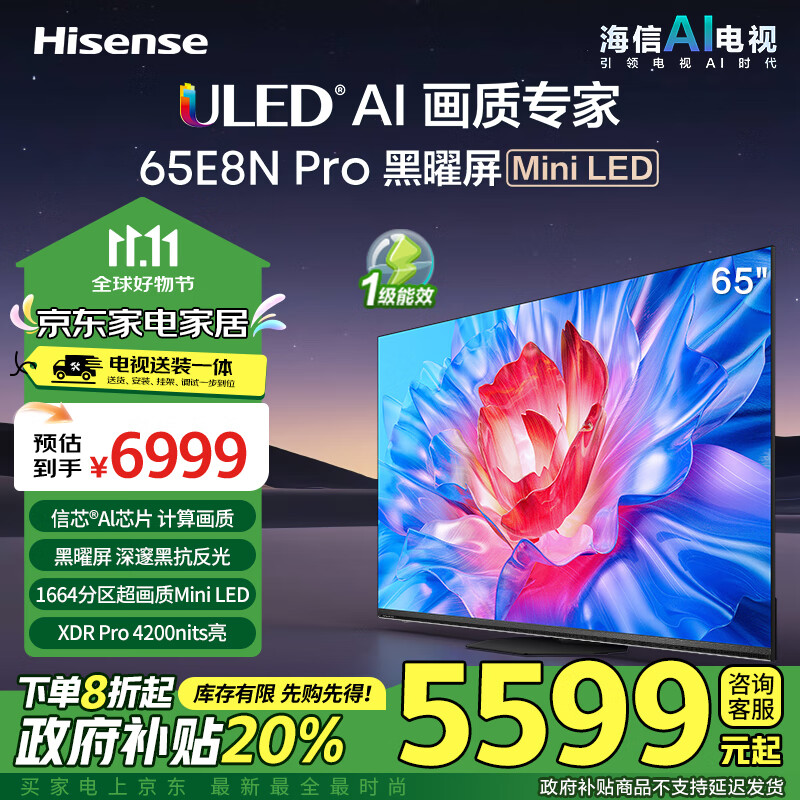 海信电视65E8N Pro【送装一体版】65英寸 ULED超画质 Mini LED 超薄内嵌大屏 以旧换新一级能效补贴