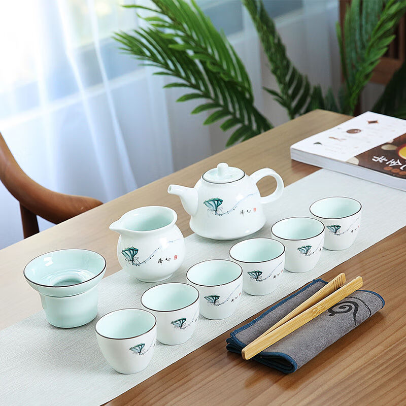 日式茶壶茶具套装家用简约办公现代小套泡茶禅意功夫白瓷茶具陶瓷 心壶10头套装