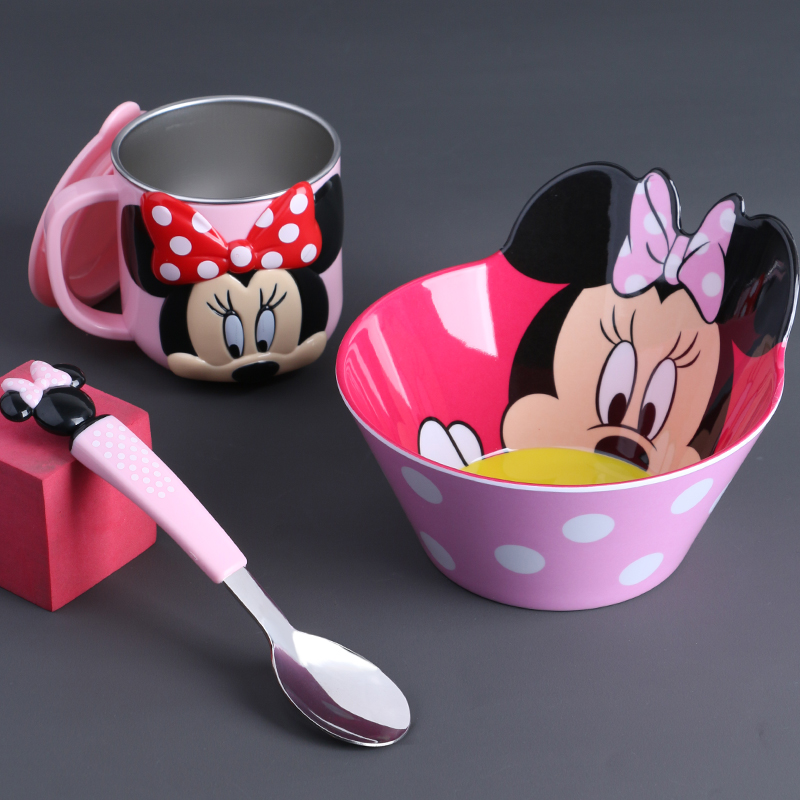 迪士尼（DISNEY）儿童餐具汤碗幼儿吃饭辅食碗卡通家用宝宝辅食吃饭碗勺 米妮耳朵碗+不锈钢勺+3D水杯