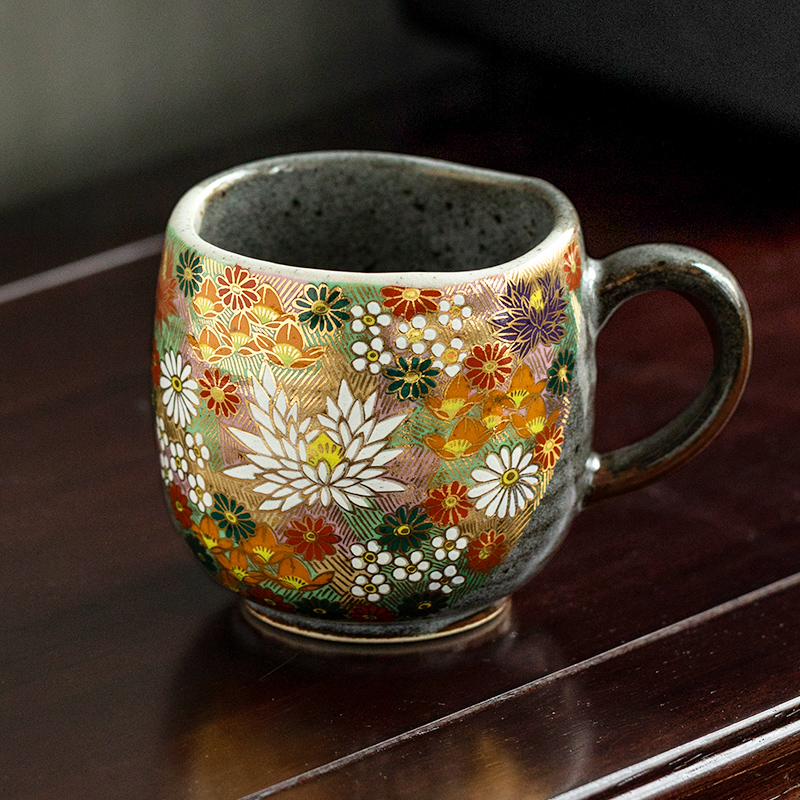 同合日本进口九谷烧金色花海猫咪马克杯结婚礼物陶瓷情侣茶杯送礼对杯 金色花海 马克杯