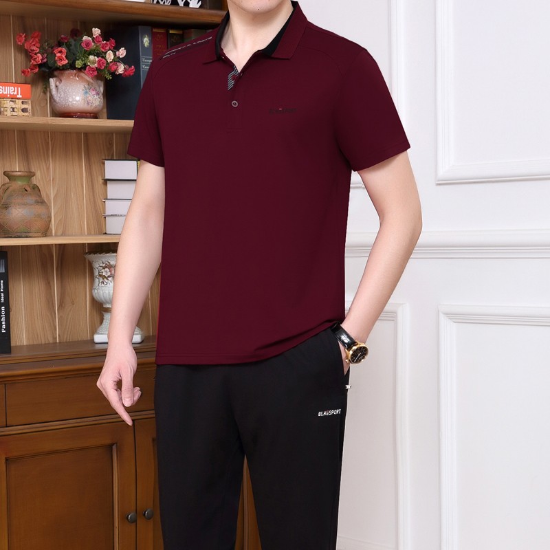 运动套装男士夏季短袖长裤休闲运动服大码薄款爸爸夏装套装 159款红色