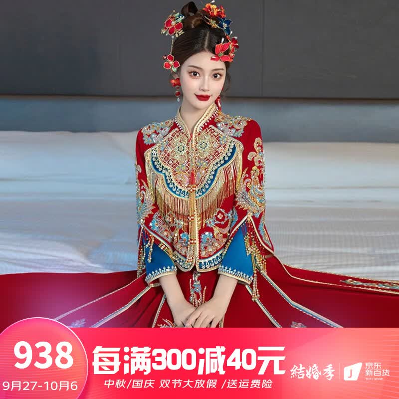龍曼尼仕秀禾服新娘2023新款高级敬酒服显瘦中式婚服奢华丝绒出阁服礼服 F001 L属于什么档次？
