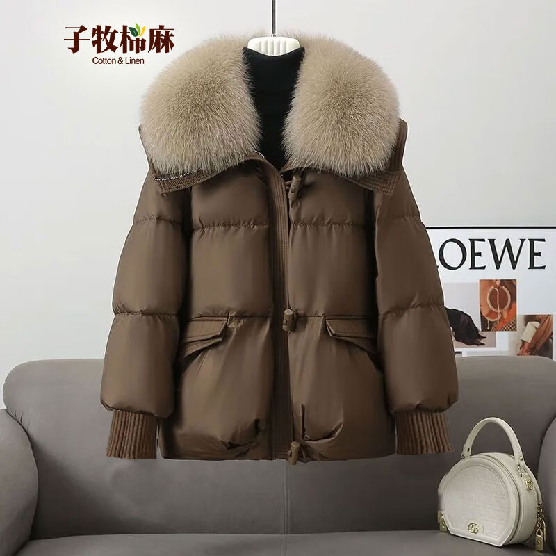 子牧棉麻冬装 女洋气毛领棉服宽松长袖牛角扣棉衣外套上衣6606 咖啡色 S (建议95-115斤)