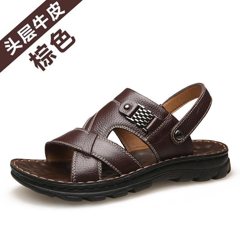 【新品】【头层牛皮】男士凉鞋拖鞋防滑真皮潮休闲皮凉鞋男温州高品质男鞋 1885棕色 41