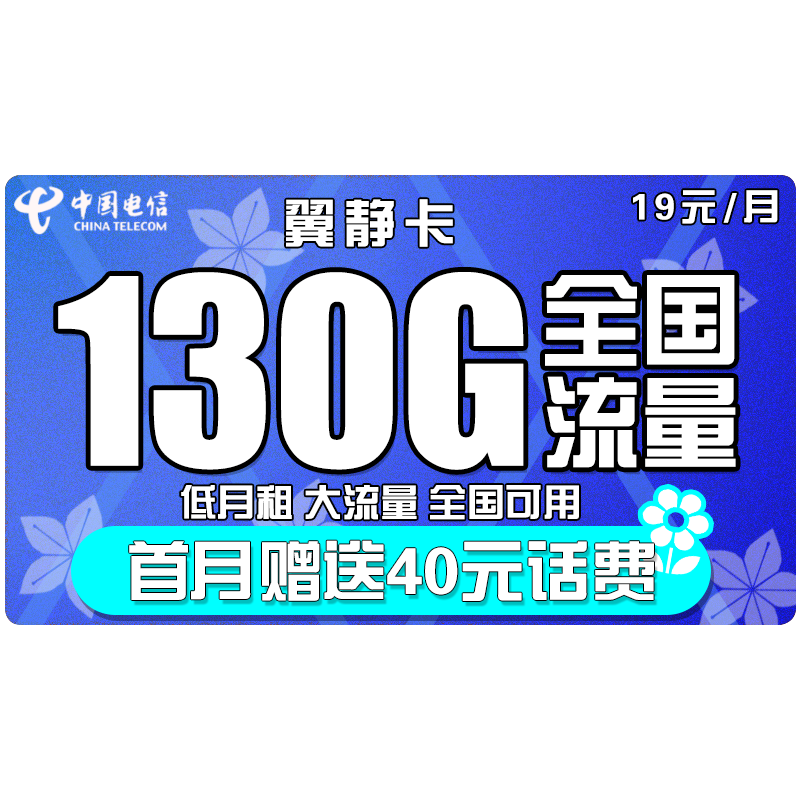 中国电信 5G套餐通用100g畅享天翼支付4G电话卡星卡手机卡流量卡高速上网卡校园卡流量卡不限速包年 翼静卡 19元包130G全国流量首月赠送40元话费