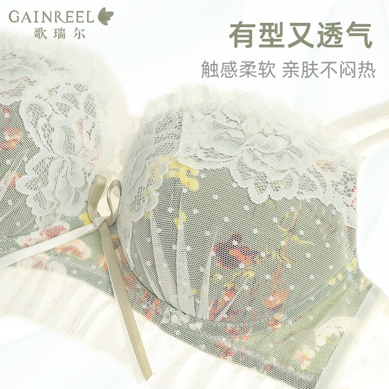 Gainreel歌瑞尔法式浪漫高级感蕾丝内衣女小胸聚拢显大防下垂收副乳性感文胸套装 香草绿 220520A文胸套装 70B +M