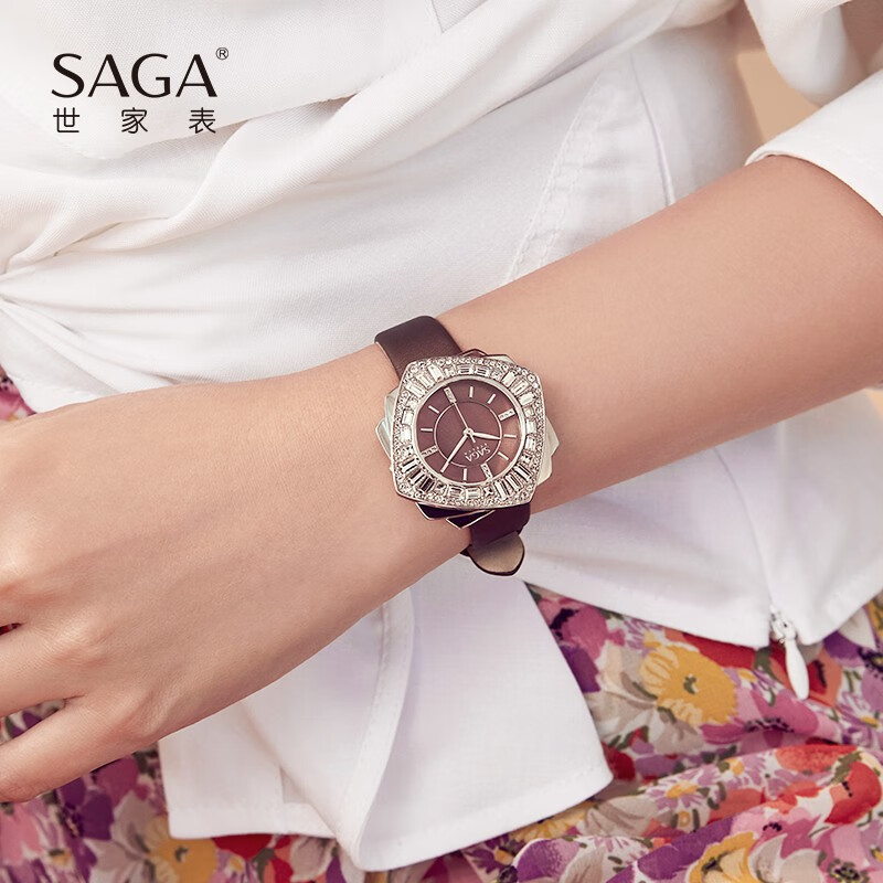 SAGA世家品牌手表女士石英腕表舞会轻奢时尚气质生日礼物送老婆送女友 深红色