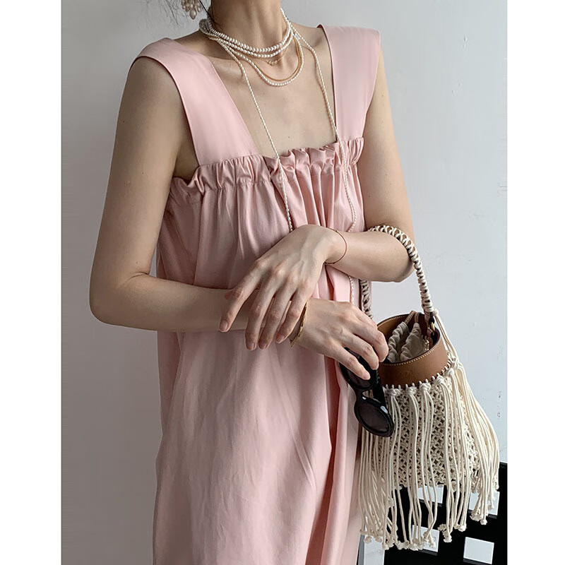 现货 系带抽褶宽肩带连衣裙大方领蝴蝶结抹胸吊带裙显瘦茧型 草木绿 s