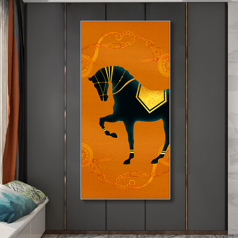 大气走廊竖版过道大气轻奢挂画橙色马设计师软装酒店会所工程定制墙画