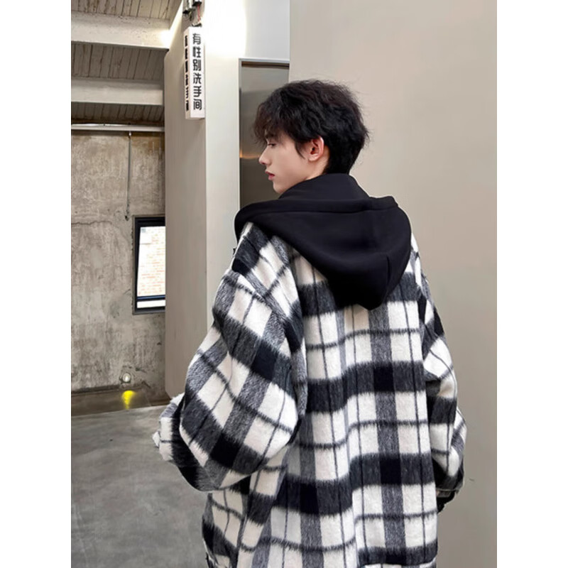 POUM小香风黑白格子男士秋季外套男女同款假两件上衣服连帽夹克男装 POUM-HBG黑格 XL 【身高175-180体重130-145】