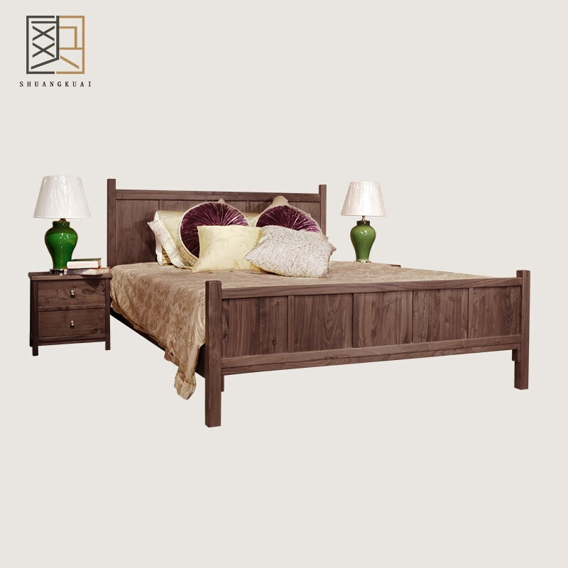 北美黑胡桃木双人床经济型家用双人床主卧双人大床 六尺床(黑胡桃色)