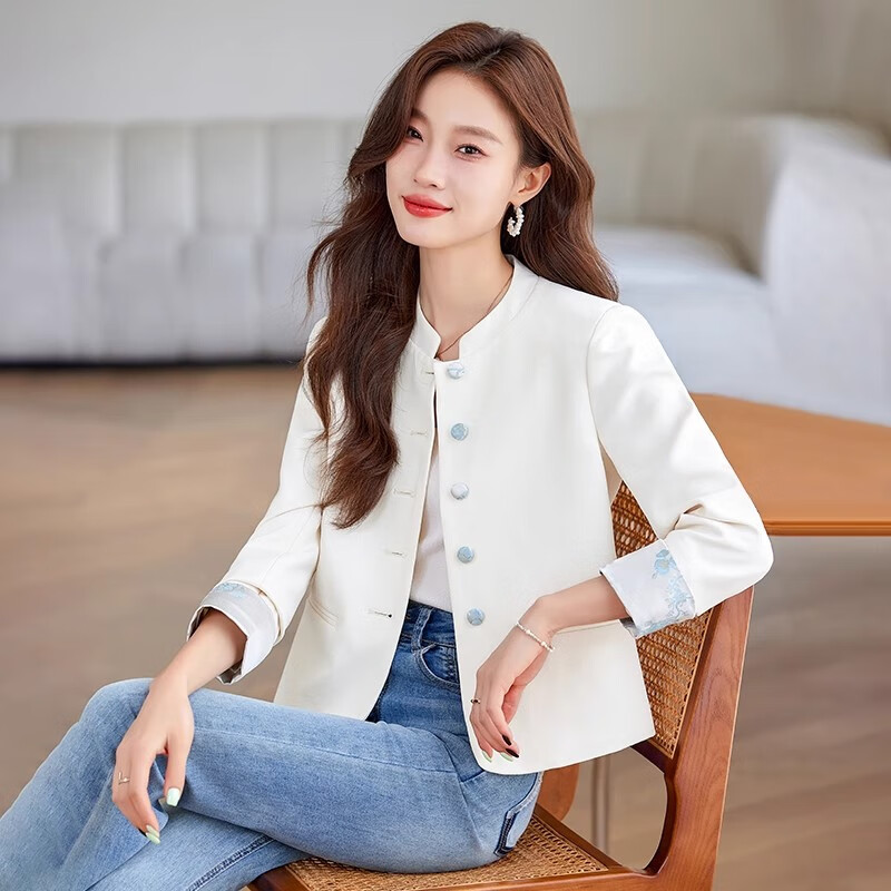 簡蜓小香風(fēng)西裝外套春秋新款女士優(yōu)雅氣質(zhì)小個子通勤國風(fēng)短款上衣女 單件米白色外套 M