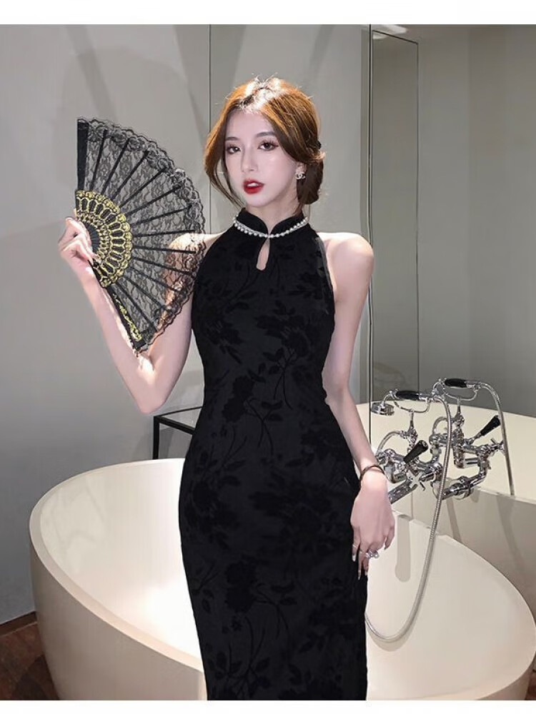 艳誉赫本风植绒高级旗袍优雅夏季长修身无袖黑裙巨显瘦轻熟连衣裙