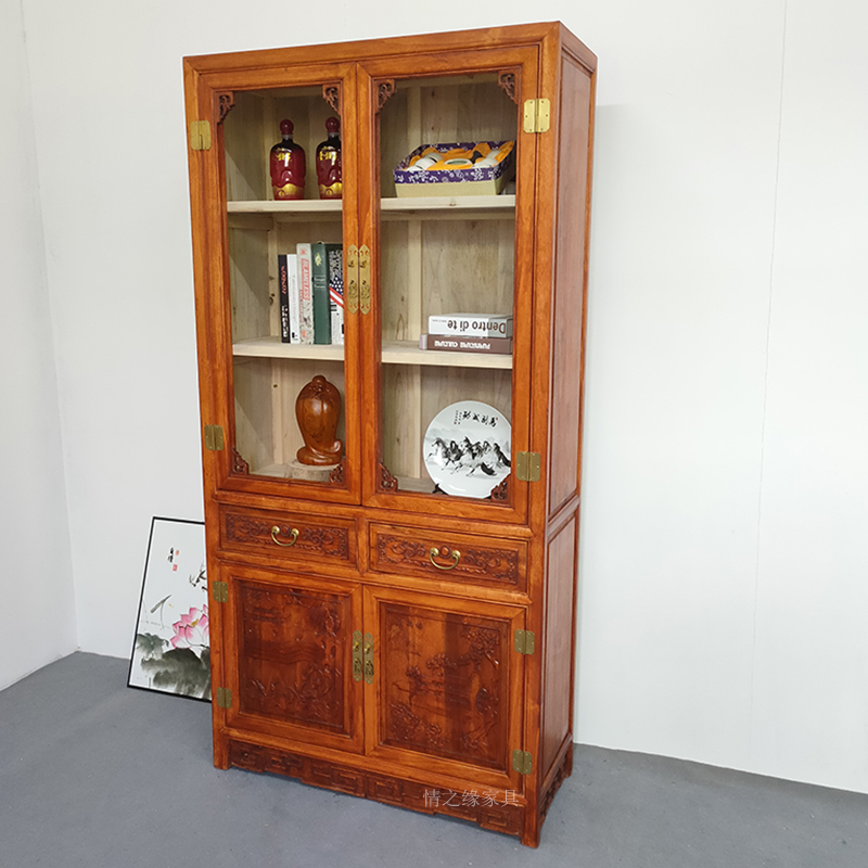 空梦香樟木书柜实木明清仿古新中式两门带玻璃书橱书房文件储物柜