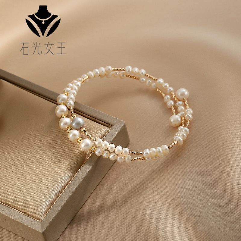 闺蜜礼物精致设计感淡水14k包金手镯双层叠戴轻奢气 双 层叠戴手镯