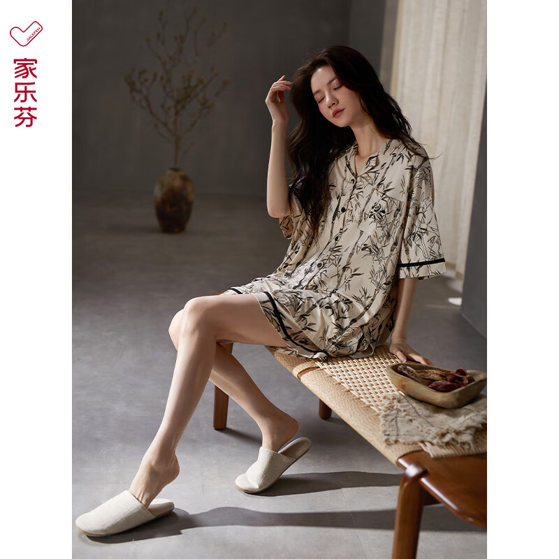 家乐芬睡衣女夏季莫代尔短袖短裤家居服夏款夏天中国风新中式套装 A824832墨竹 M 码 （体重90-110斤)