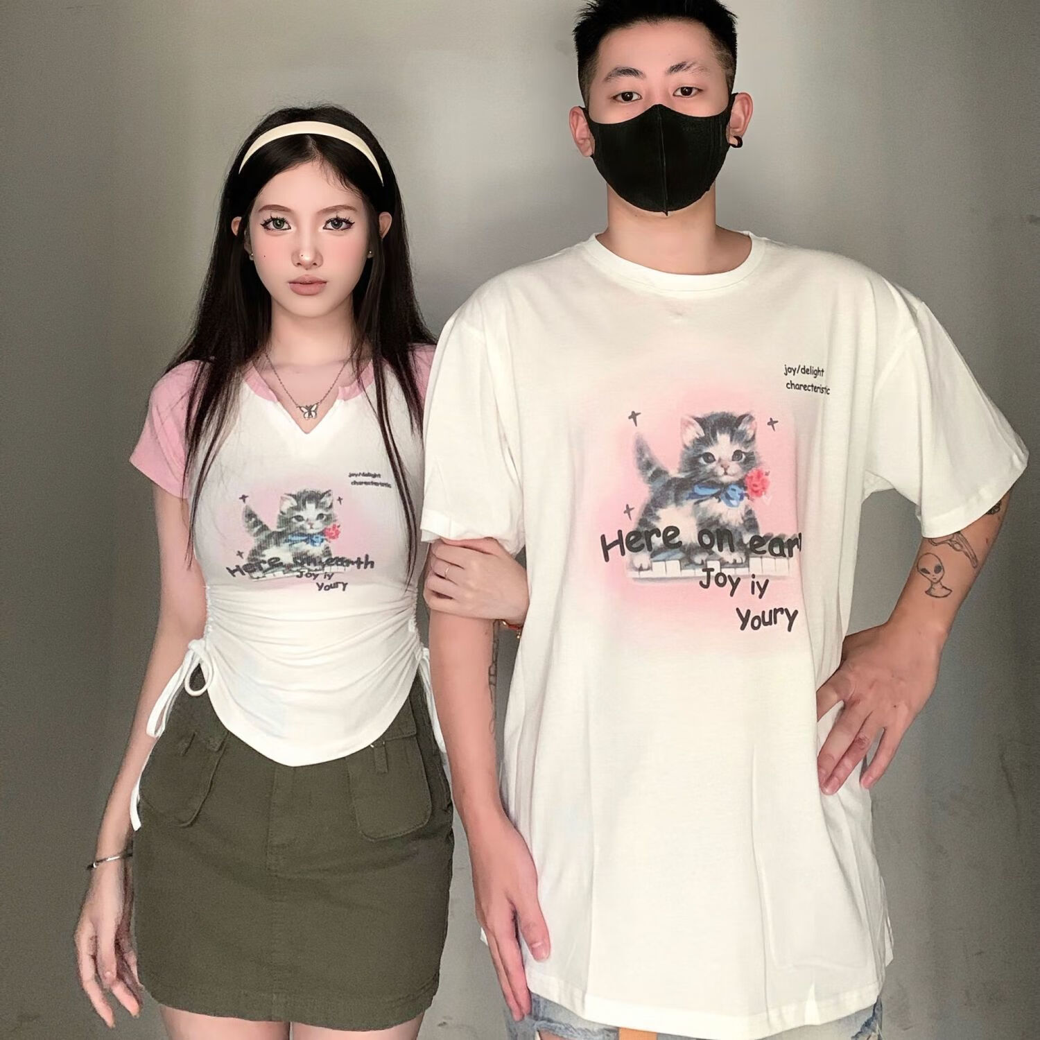 顺涛情人节穿情侣短袖一男一女不一样的情侣装夏装一长一短t恤短款漏