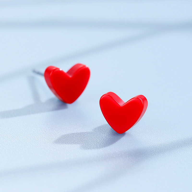 roundsink925小红心耳钉女爱心红色耳环少女心桃心形耳饰迷你耳骨钉
