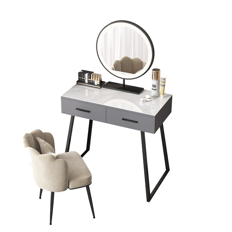 全实木梳妆台网红ins简约现代卧室化妆台北欧轻奢玻璃化妆桌 高级灰100cm+40cm柜+智能镜+花瓣椅