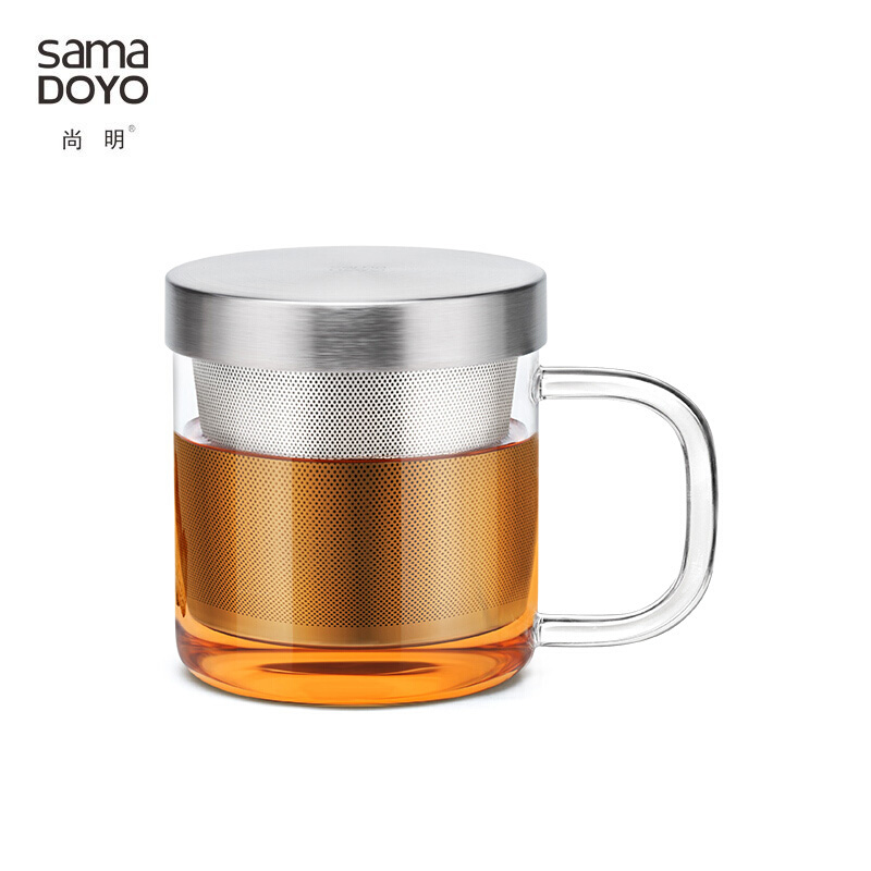 尚明玻璃杯泡茶杯茶水分离杯 不锈钢过滤 办公室个人杯带盖带把泡茶杯 S049A透明【350ml】