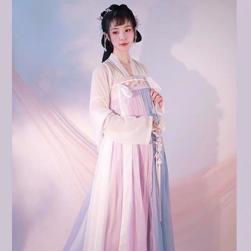 visrea汉服女春樱齐胸粉蓝学生古装衣服女春秋季中国风超仙气襦裙