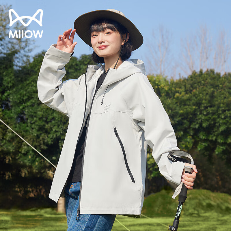 猫人户外冲锋外套男女单层春秋季2024新款潮牌透气防水夹克外套 灰白 XL 【145-160斤】