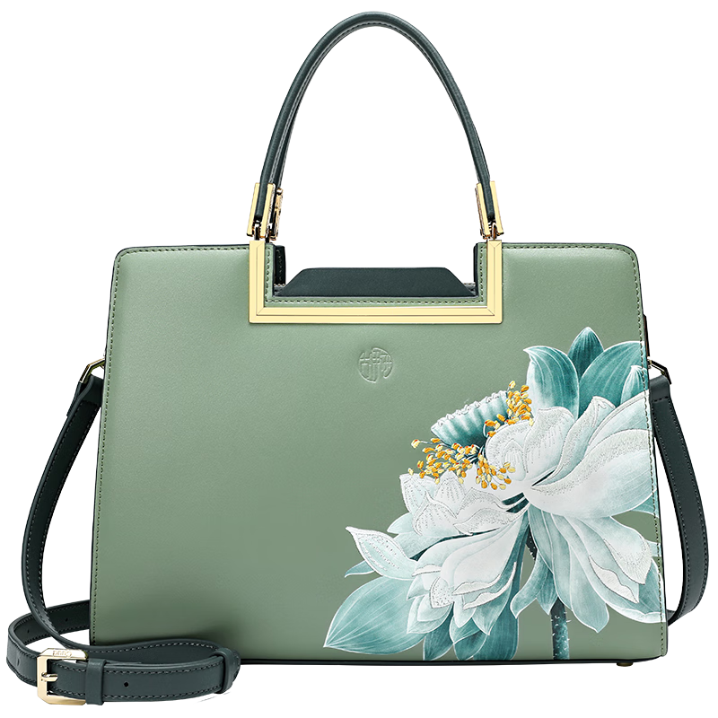 古伊西中国风大气时尚女包手提包生日礼物牛皮包大容量牛皮包印花妈妈包 青瓷+送礼品袋+代写贺卡