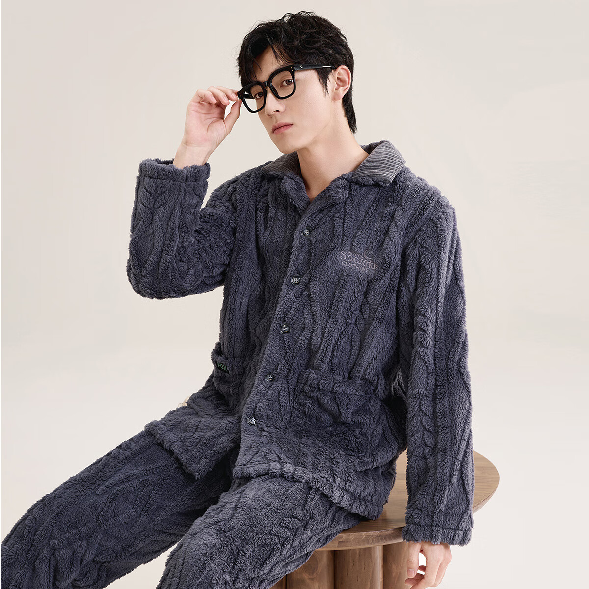 玛伦萨（manza）保暖睡衣男士冬季新款翻领纹理感加绒加厚珊瑚绒家居服套装 高贵灰 L