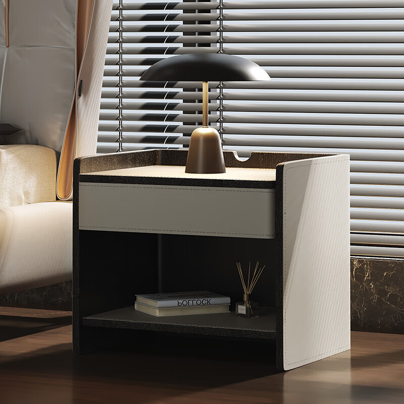 创京懿选广东佛山家具城家具 侘寂风床头柜黑胡桃色马鞍皮大容量储物