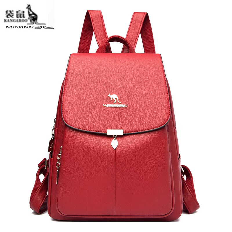 袋鼠真皮双肩包女2022新款时尚韩版大容量旅行百搭软软皮女士背包