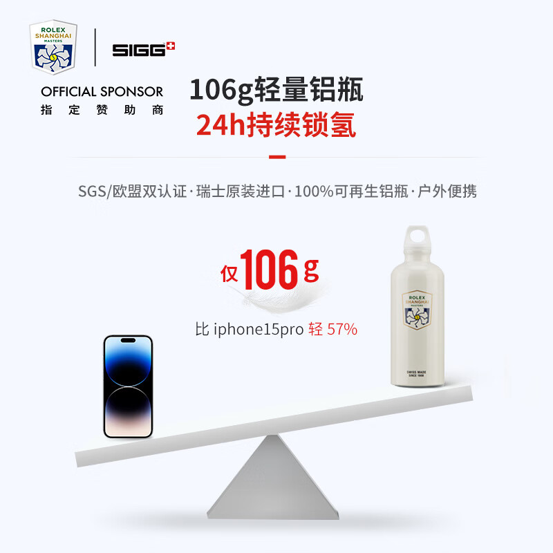 SIGG勞力士大師賽聯(lián)名款天圓地方氫鋁高濃度富氫水杯電解制氫氣水素水 白色鋁瓶+白色制氫器1個600ml