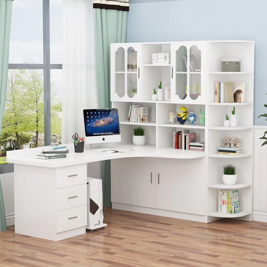 书桌书柜组合实木转角 电脑台式桌学习桌一体小户型组合家用带书架
