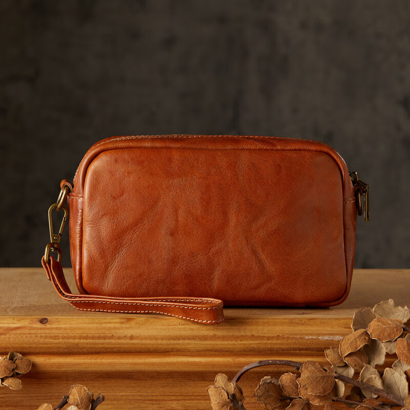 simple & nature手工真皮手拿包男士多功能复古个性手包植鞣牛皮 浅