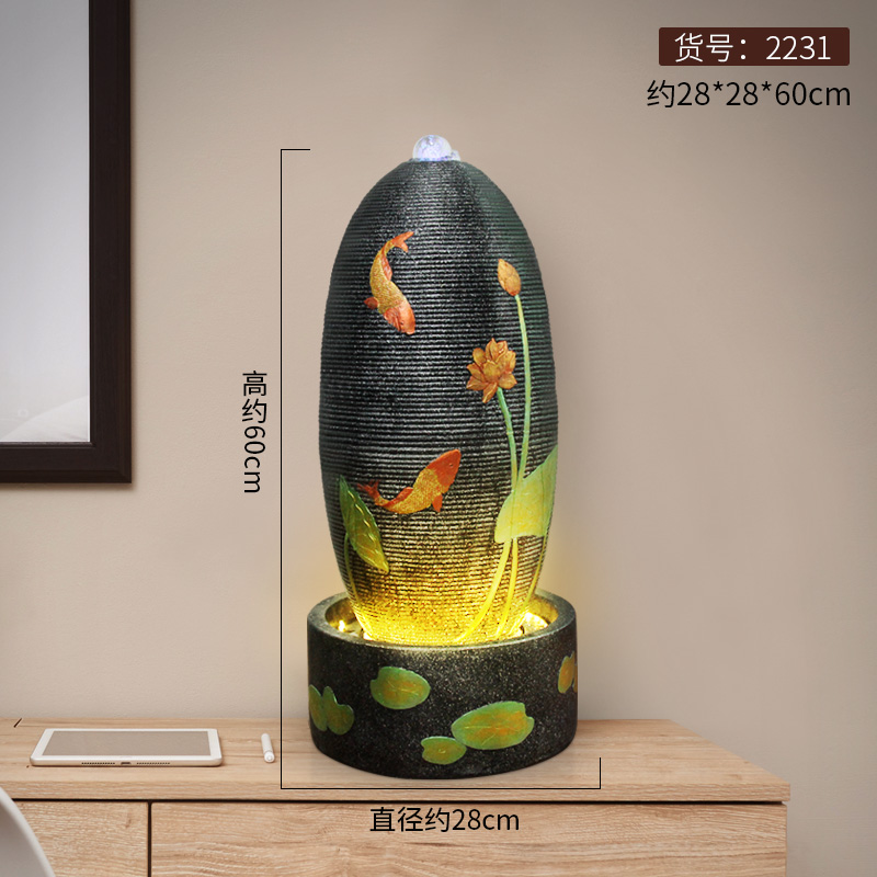 喷泉循环水景摆件创意球景观客厅工艺室内加湿器 加鱼黑色28*28*60cm