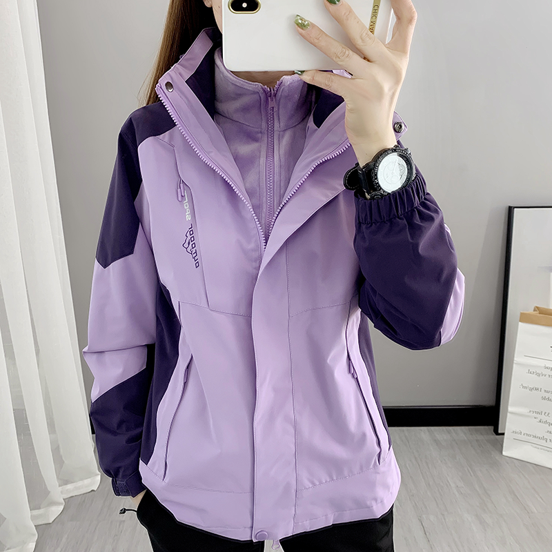 泰起冬季冲锋衣三合一外套春秋潮牌可拆卸防风户外旅游登山服团购订制LOGO幼儿园园服工作服 卡其色-1818(三合一)女 M
