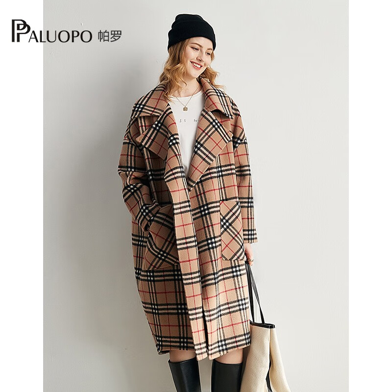 帕罗(PALUOPO)100%绵羊毛呢大衣双面外套格纹显瘦直筒阔版慵懒风女气质秋冬外搭 卡其 L 165/88A 京东折扣/优惠券