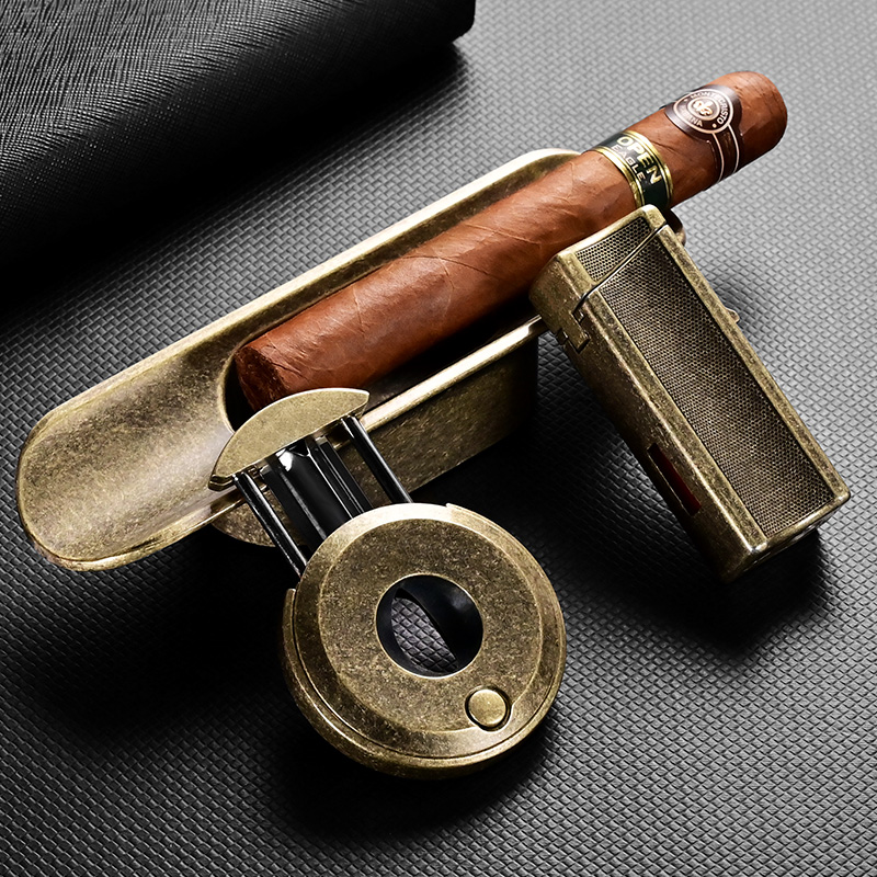 茄龙(cigarloong)雪茄烟具大口径烟缸直冲火机古铜材质锋利剪刀3件