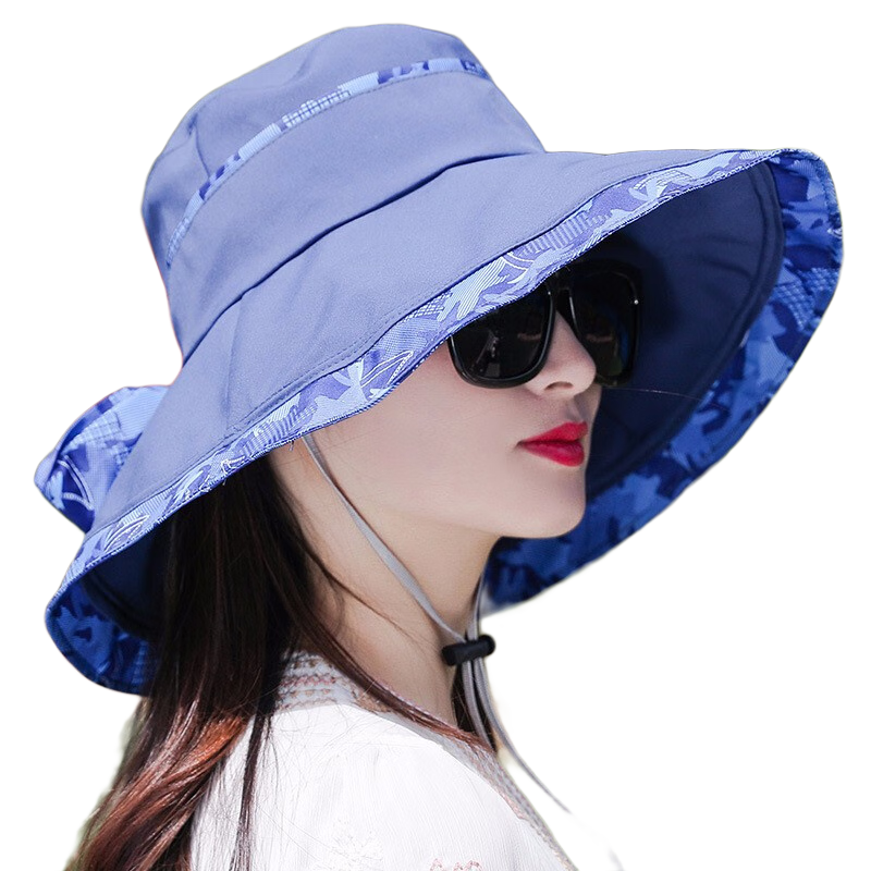 馨寶冠 帽子女夏天遮陽帽女戶外防曬帽女大檐太陽帽女旅游騎車大沿涼帽沙灘帽漁夫帽女登山草帽折疊帽 藏藍(lán)色