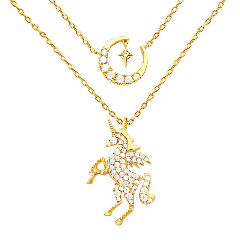 念芙星月项链独角兽双层锁骨女原创设计叠戴情人节礼物 金色