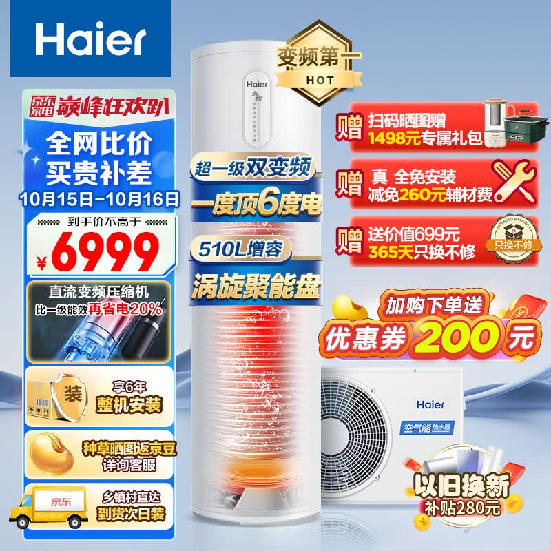 海尔（Haier）空气能热水器200升包安装 超一级能效全变频节能电辅 80℃高水温抑垢净水洗WIFI智控FJE7（4-6人）高性价比高么？