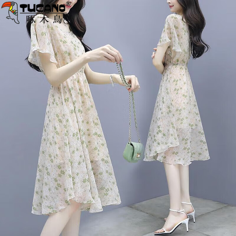 碎花雪纺连衣裙女2024新款夏季收腰显瘦小清新果绿色仙女中长裙子
