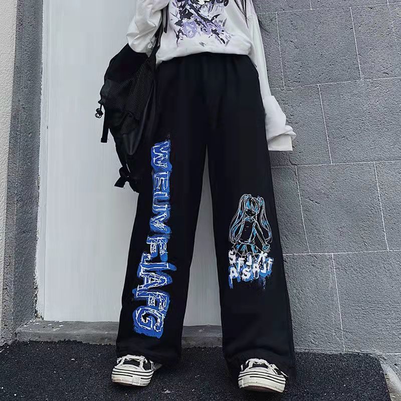 玖維婭長褲夏季薄款初音未來印花原宿風小眾寬松高腰直筒休閑二次元褲子 黑色褲子 2XL