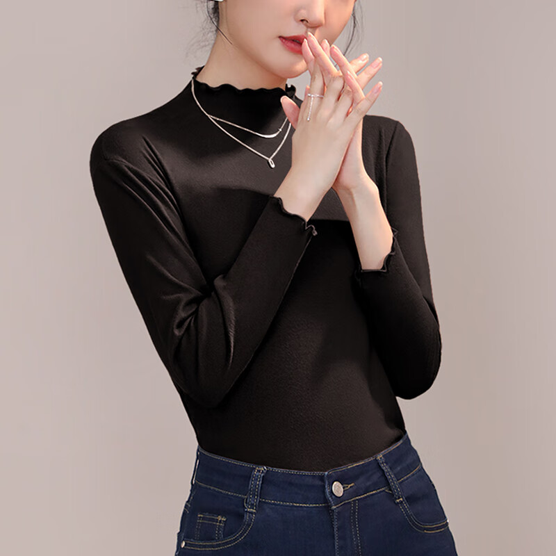 六月玫瑰 打底衣女新款双面磨毛内搭半高领打底衫秋衣女上衣2件装 黑+深咖(80-125斤) 均码